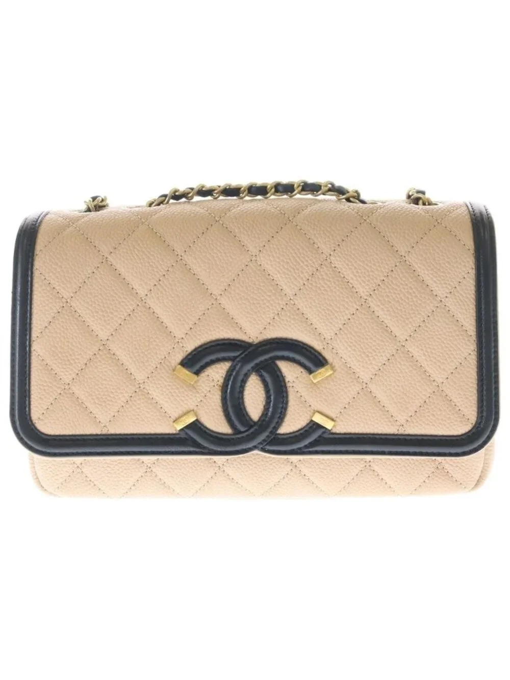 Chanel CC Figuri Quilted CC Logo Chain Shoulder Gold Caviar Leather Beige Black